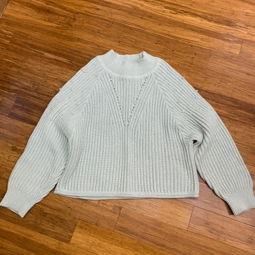 Originality Pearl Embellished Mock‎ Neck Sweater Light Blue Size Large Oversize